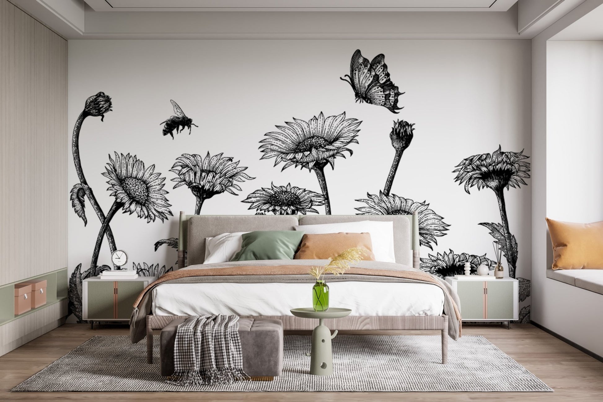 Sketched sunflower field mural for rustic and artistic bedroom interiors.
