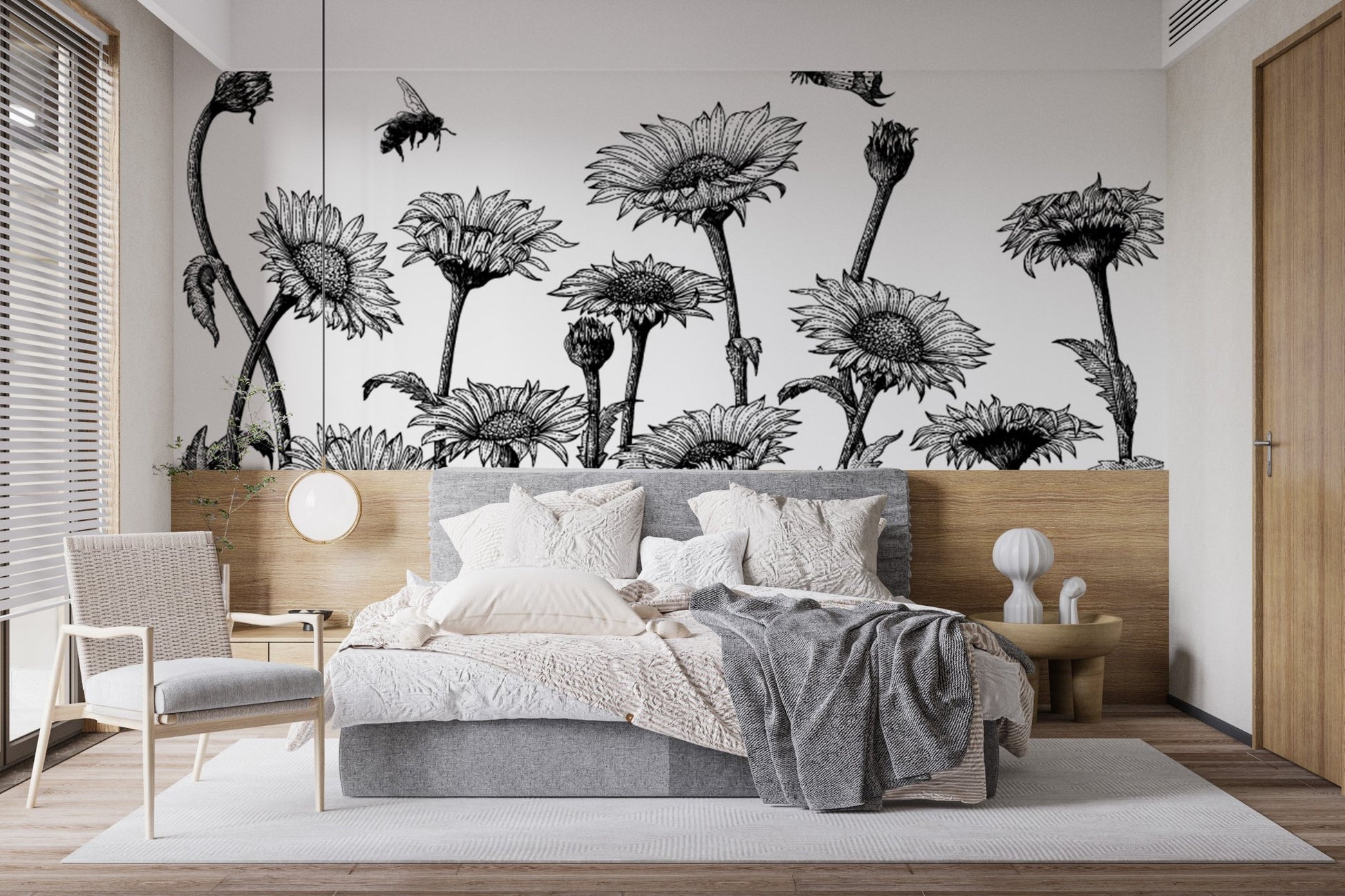 Black ink style floral field wall mural in a master bedroom with wooden accents.