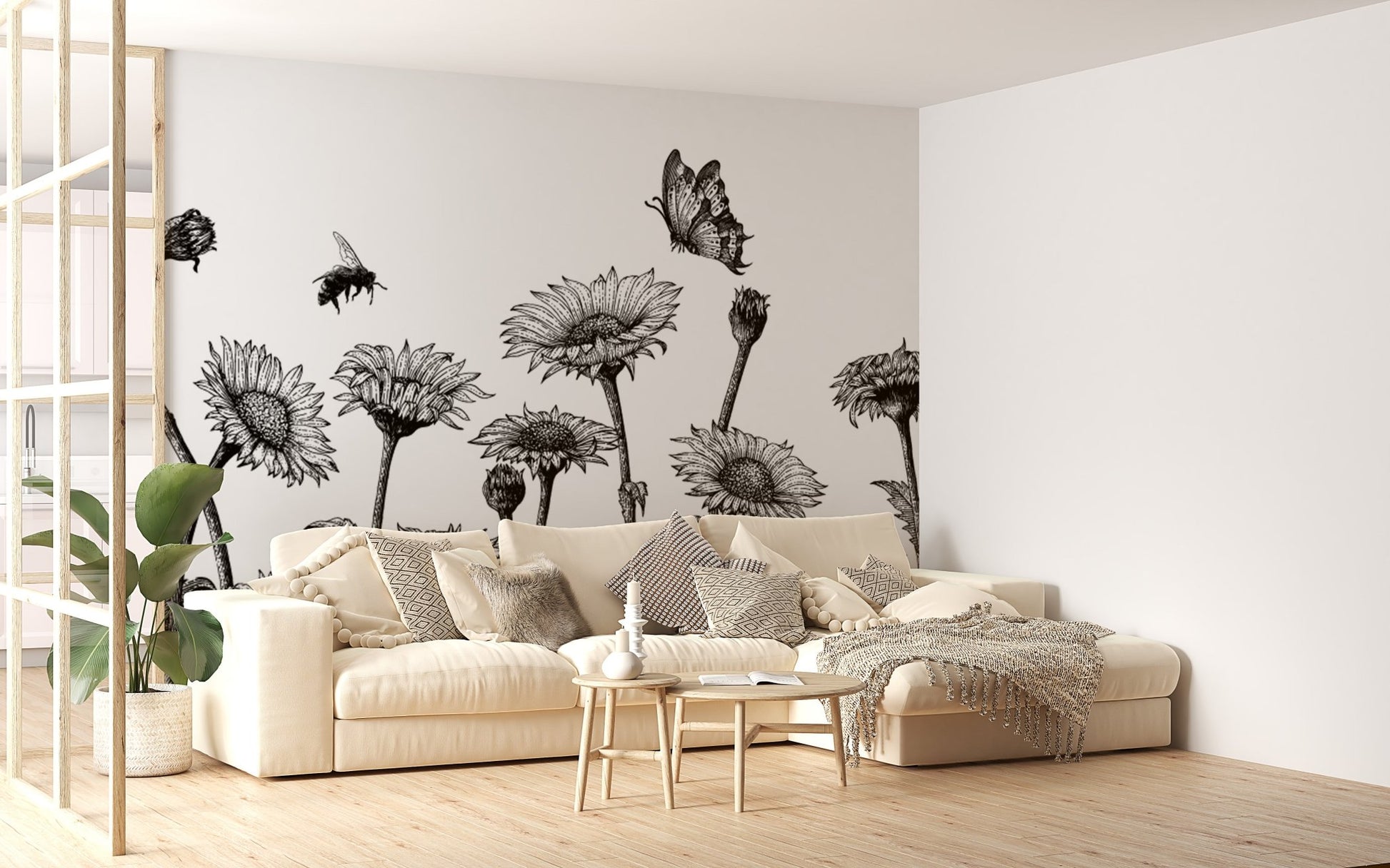 Sketch of Sunflower Field Wall Murals in a sunlit living space with tan seating.