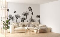 Sketch of Sunflower Field Wall Murals in a sunlit living space with tan seating.