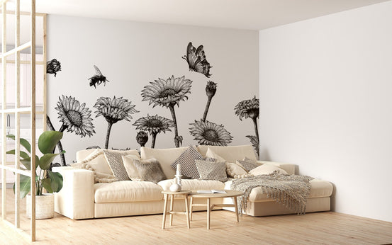 Sketch of Sunflower Field Wall Murals in a sunlit living space with tan seating.