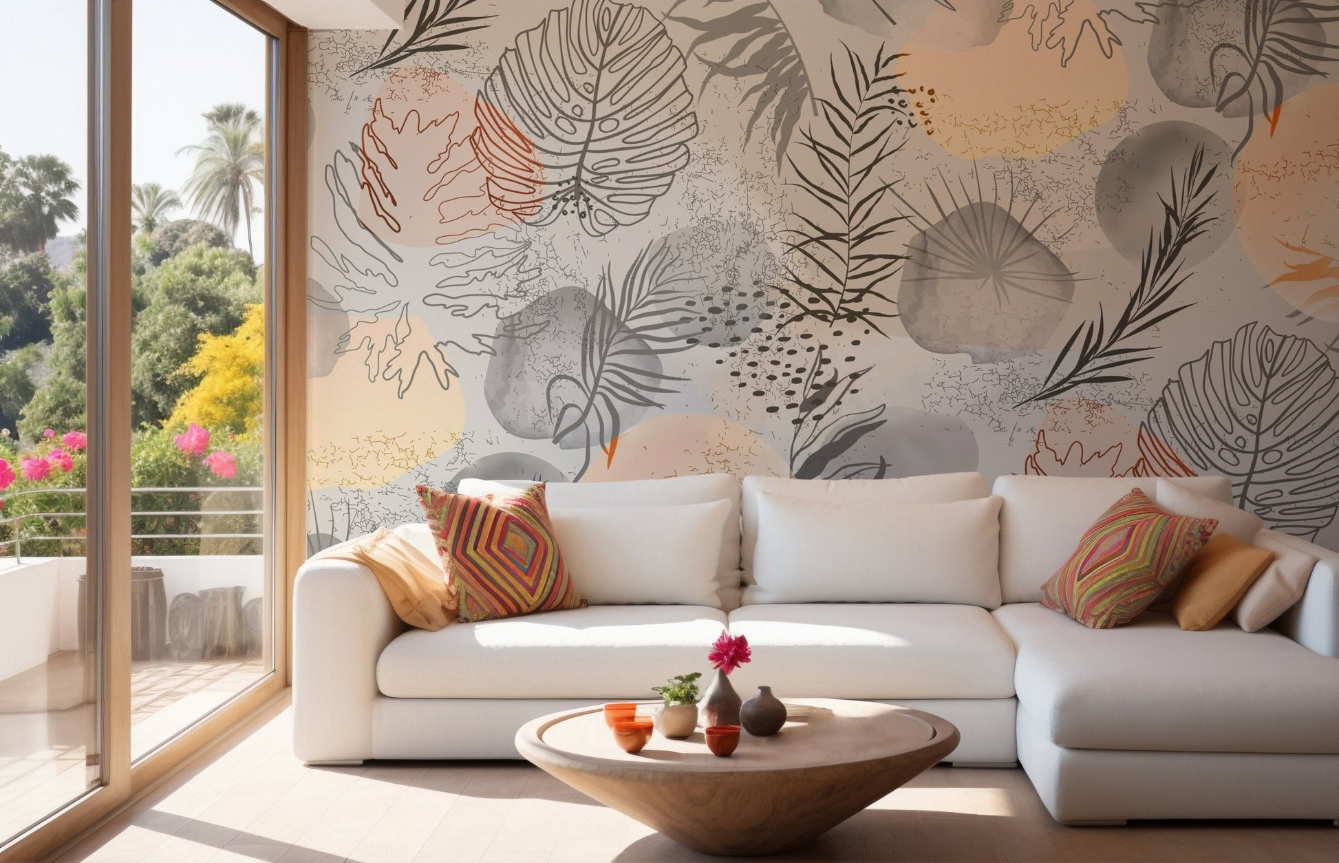 Hand-sketched tropical leaves wall mural with a modern flair in sitting area.
