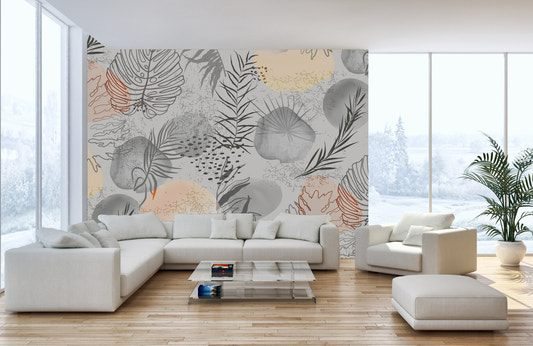 Artistic sketched tropical leaves mural for elegant living room decor.
