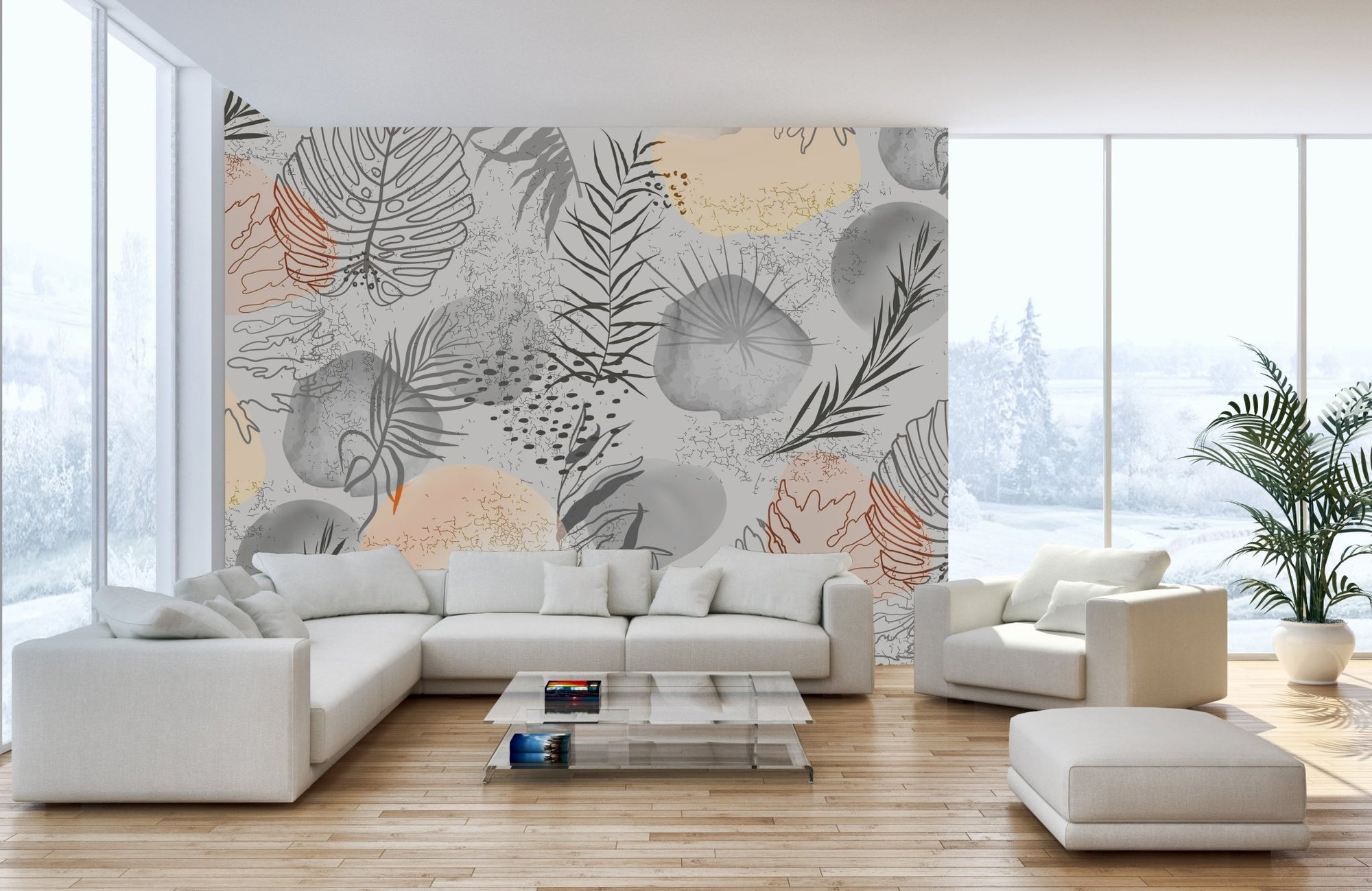 Artistic sketched tropical leaves mural for elegant living room decor.
