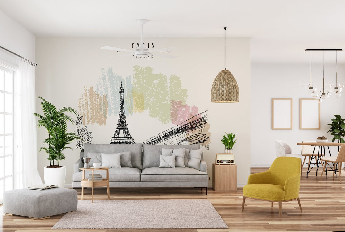 Living room with a yellow accent chair and Paris landmark wall mural.