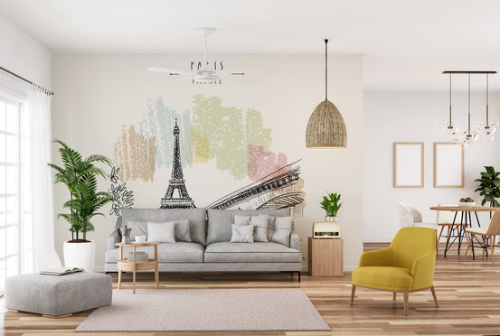 Living room with a yellow accent chair and Paris landmark wall mural.