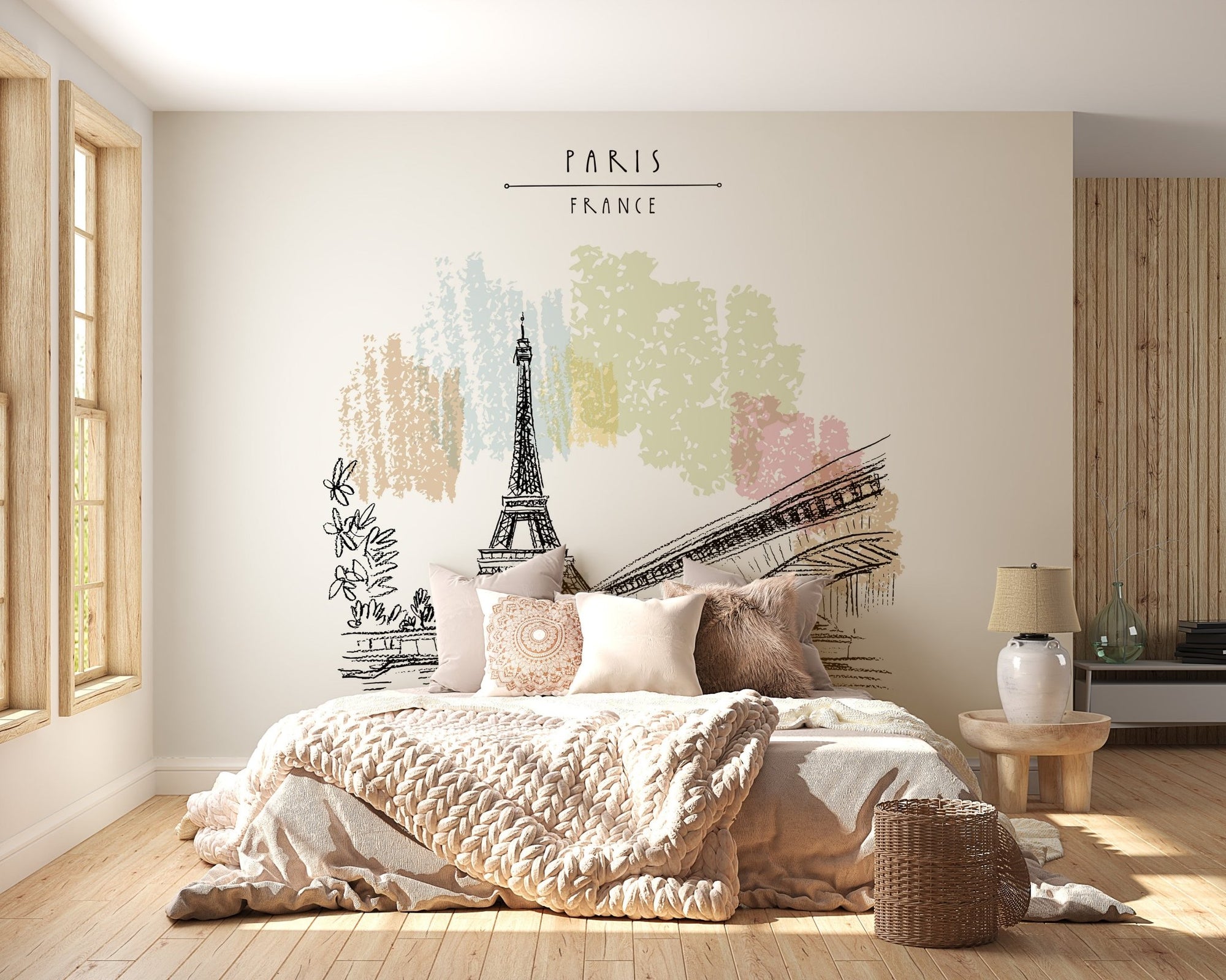 Eiffel Tower sketch wall mural in a bright bedroom with wooden flooring.