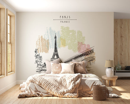 Eiffel Tower sketch wall mural in a bright bedroom with wooden flooring.