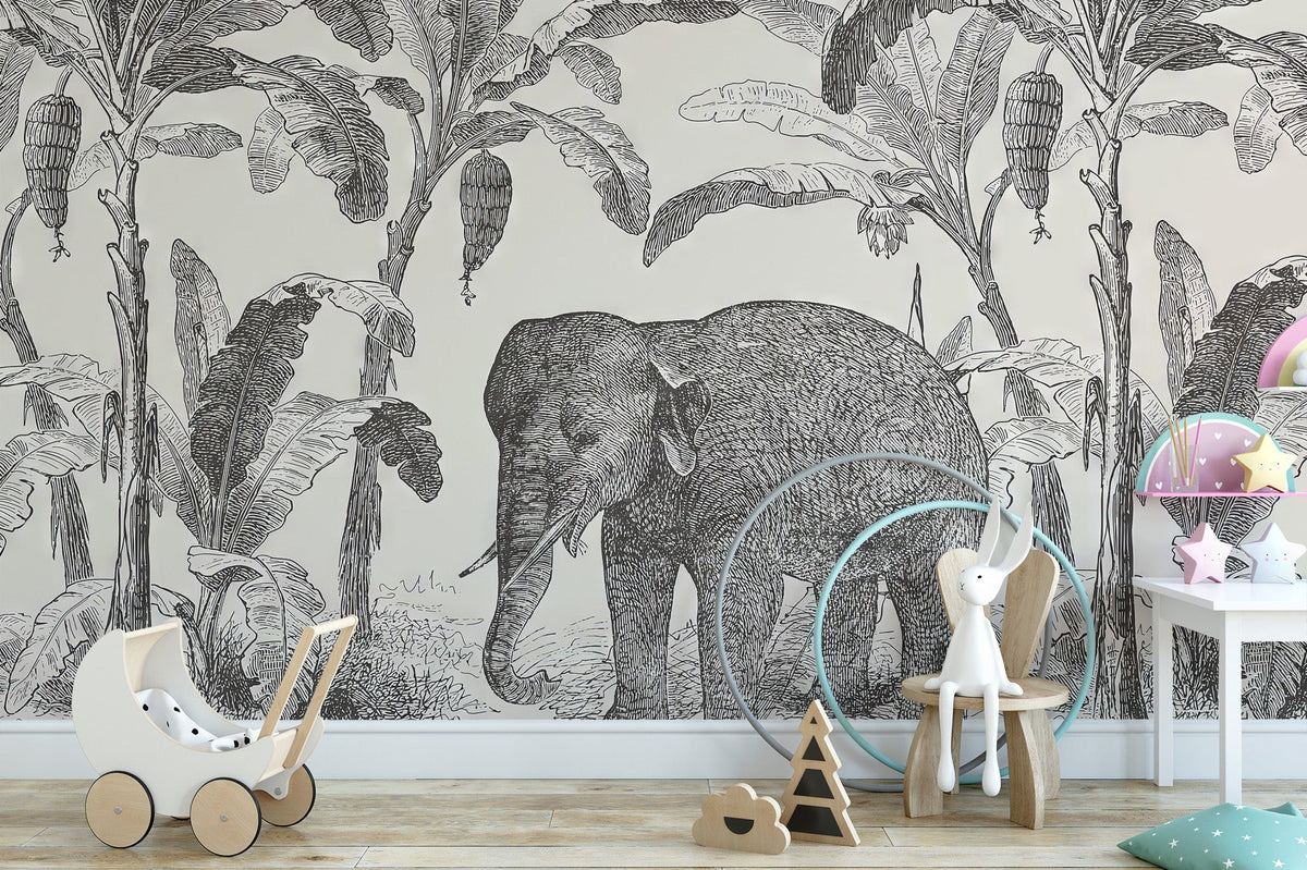 Etched elephant wall mural showcasing intricate line work textures.