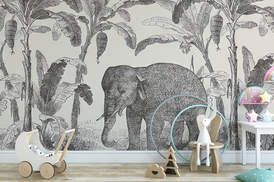 Etched elephant wall mural showcasing intricate line work textures.