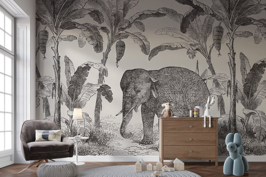 Black and white elephant wall mural for a modern nursery theme.