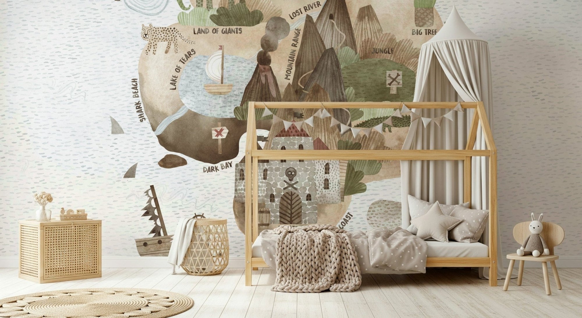 Hand-drawn pirate map wall mural with vintage brown parchment style.