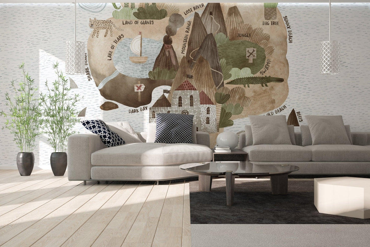 Skull island treasure hunt mural pirate map wall mural in earthy tones.