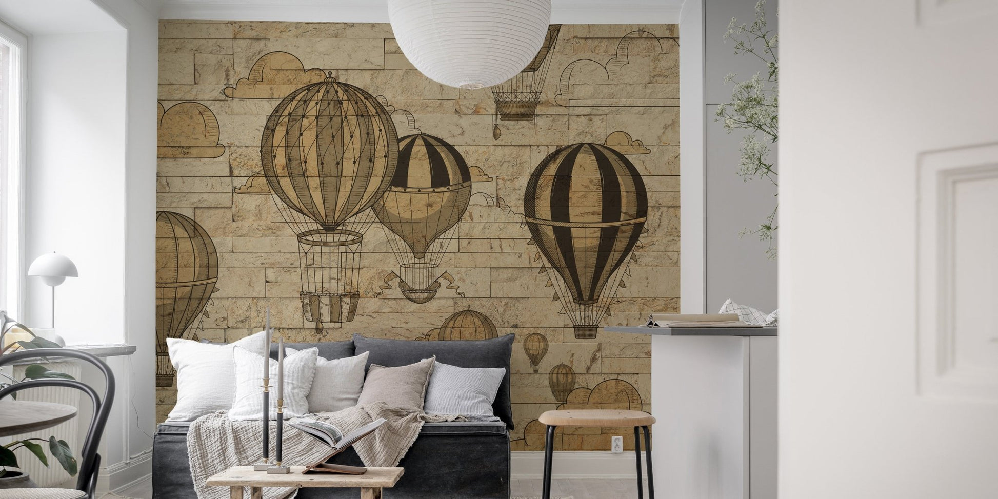 Artistic sky adventures mural showcasing vibrant hot air balloons in living room.