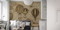 Artistic sky adventures mural showcasing vibrant hot air balloons in living room.