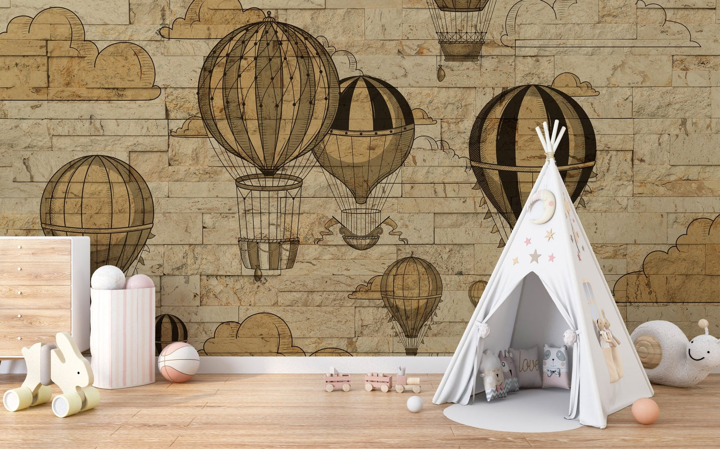Scenic mural of hot air balloons for cheerful and dynamic playroom walls.