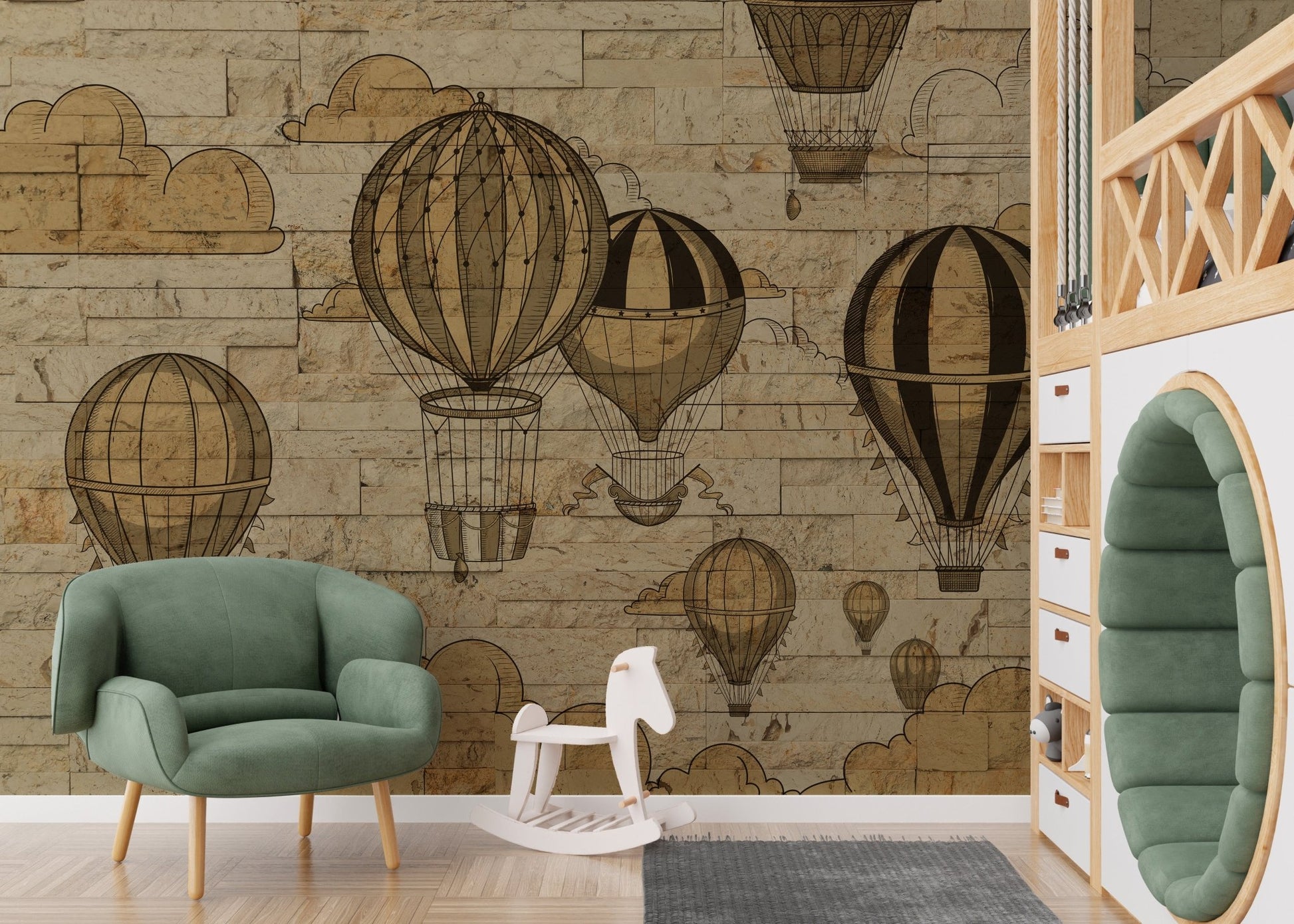 Sky adventures mural with hot air balloons and scenic clouds in nursery
