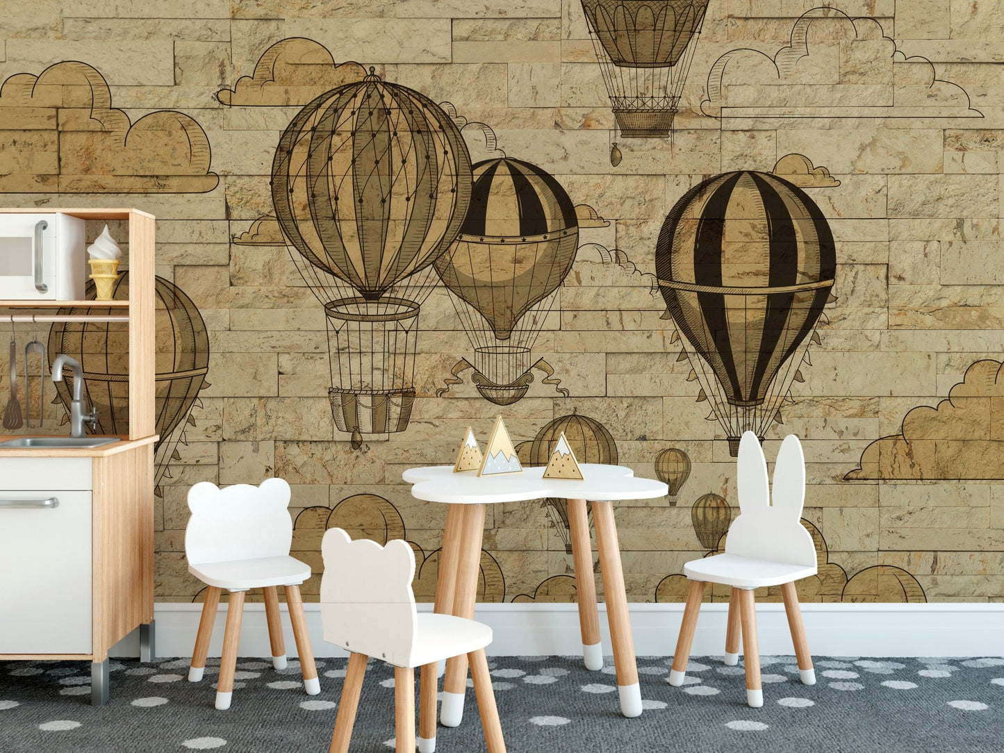 Vibrant sky adventures mural with floating hot air balloons in kids dining area.
