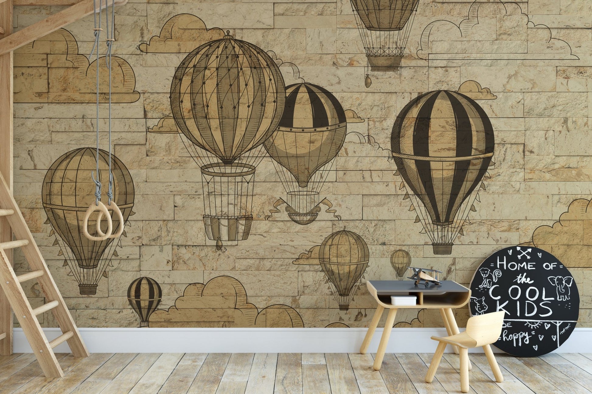 Wall mural featuring hot air balloons for adventurous children room decor.
