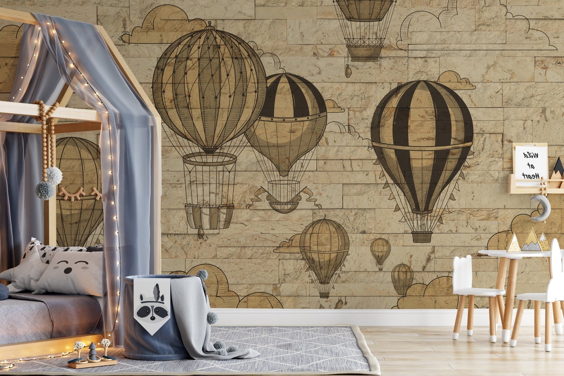 Hot air balloon-themed mural for playful and lively bedroom interiors.
