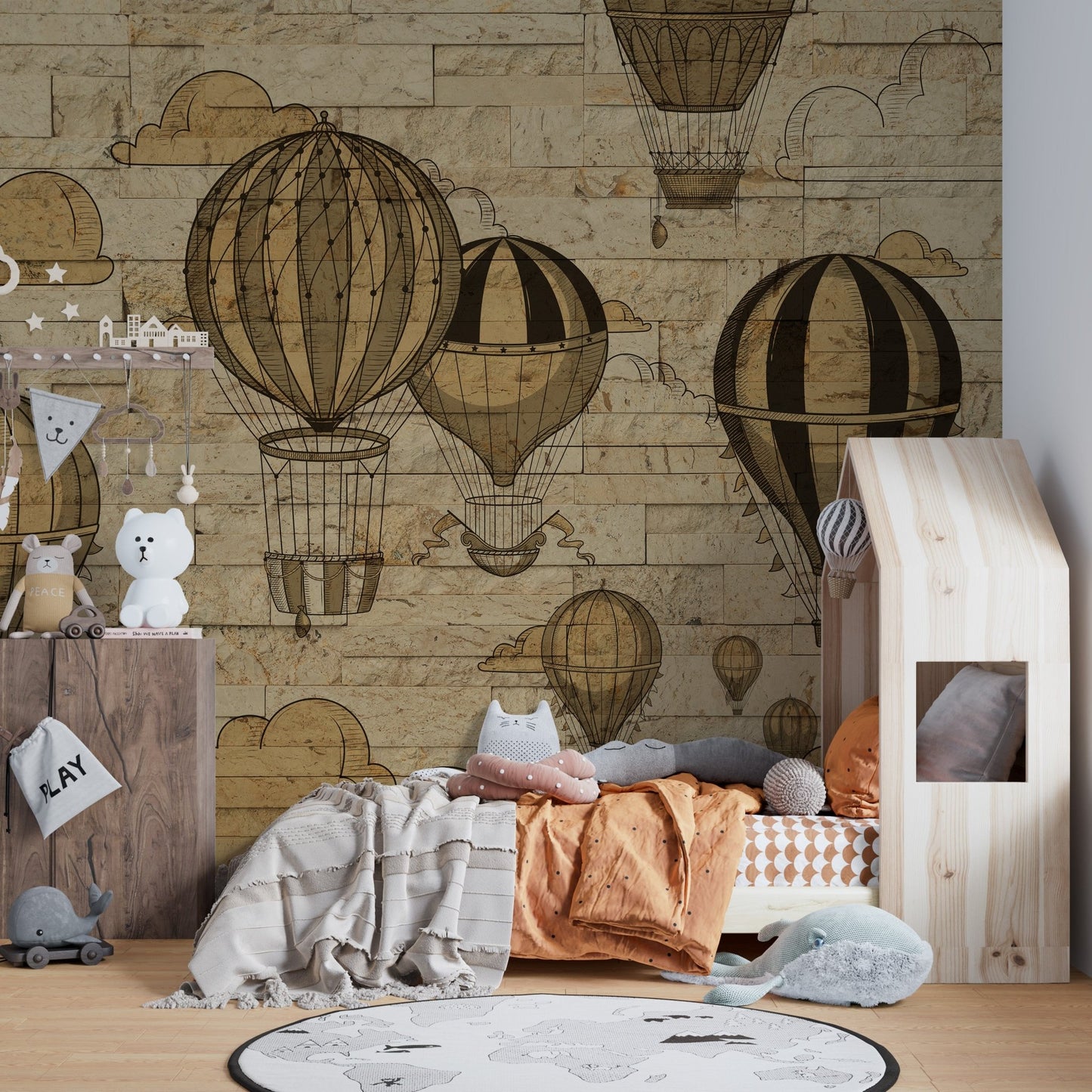 Colorful kids bedroom mural of hot air balloons soaring through the sky.
