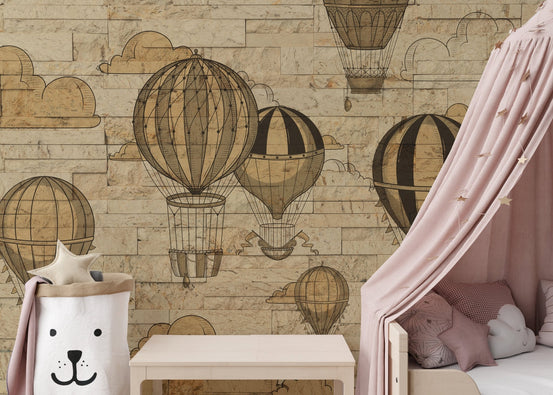 Sky adventures mural with vibrant hot air balloons for kids room walls.