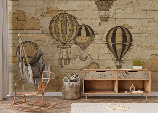 Hot air balloons mural featuring a serene and adventurous sky scene in nursery.
