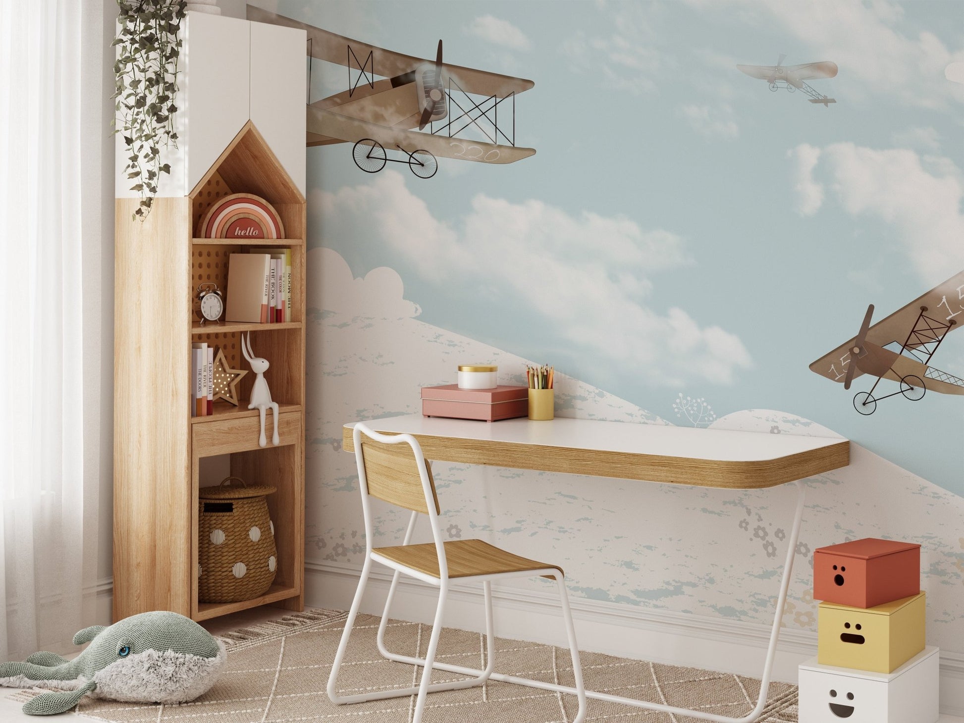 Fun-filled sky mural with airplanes and dreamy clouds in study room.
