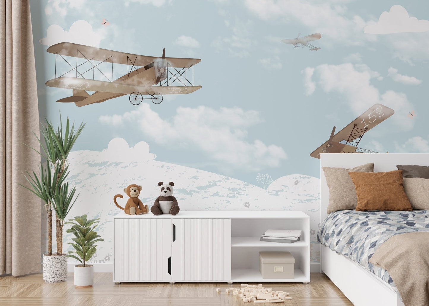Cheerful sky adventures wall mural for kids' bedroom spaces.
