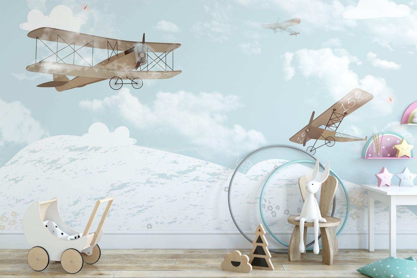 Whimsical sky-themed mural for imaginative kids' play rooms.
