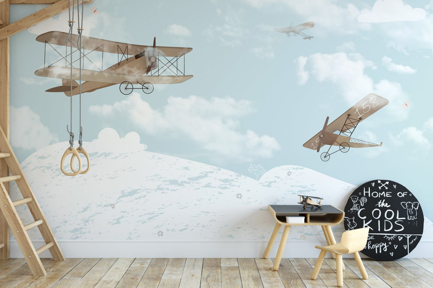 Playful kids' mural with a lively sky adventures theme in kids room.
