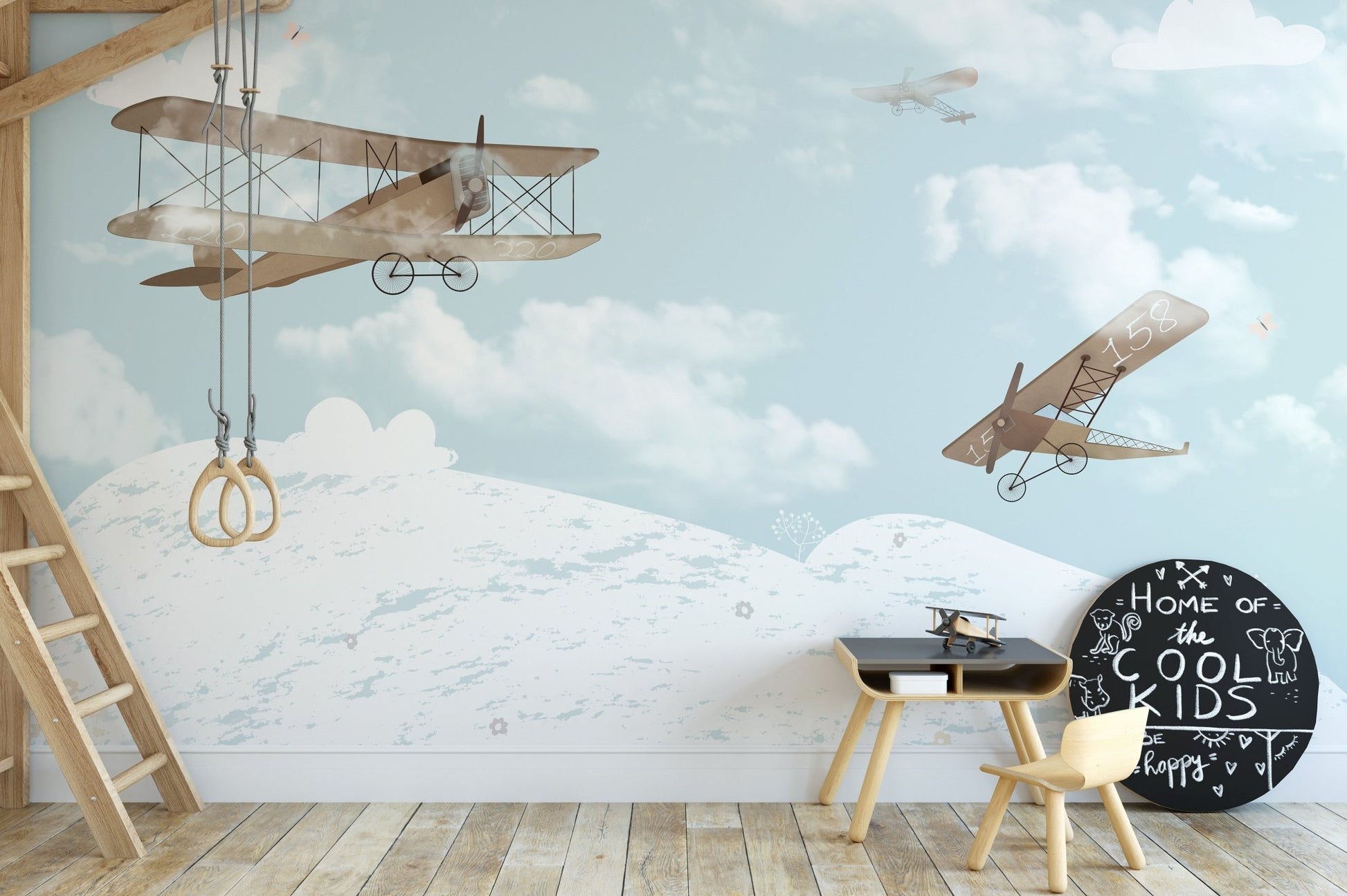 Playful kids' mural with a lively sky adventures theme in kids room.

