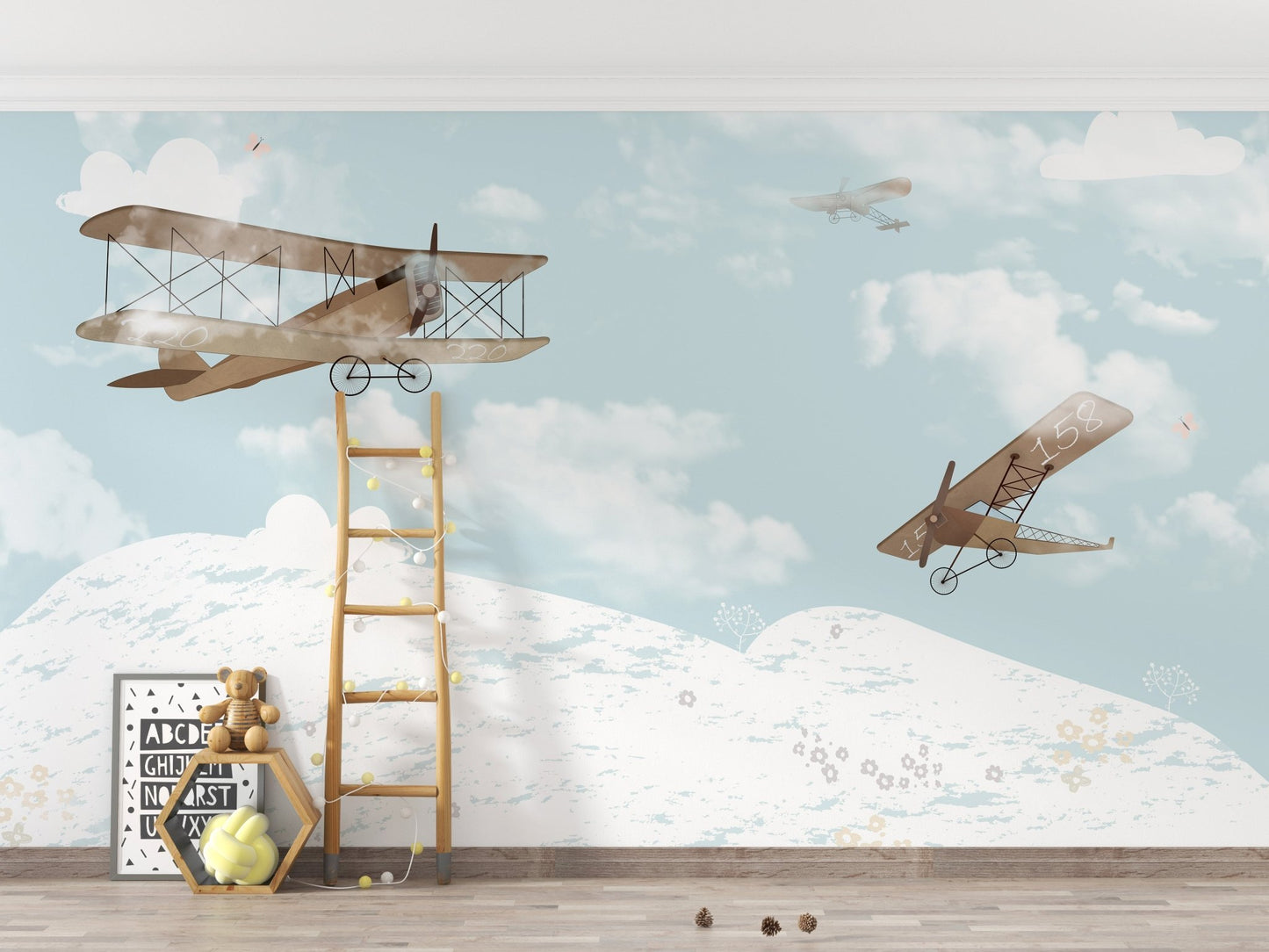 Sky adventures mural with playful clouds and balloons in kids room.
