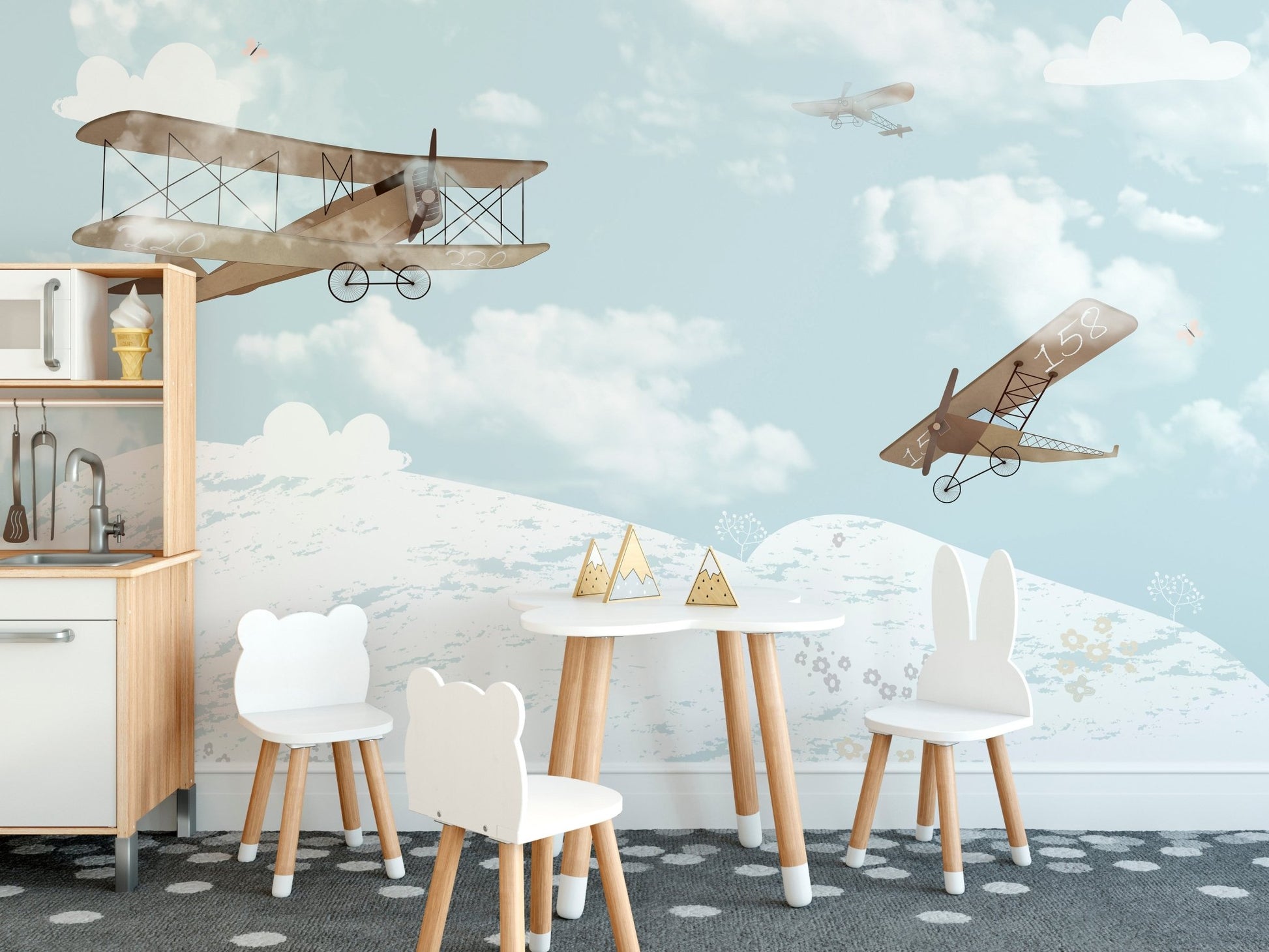 Bright and colorful sky adventures mural for kids dining area.

