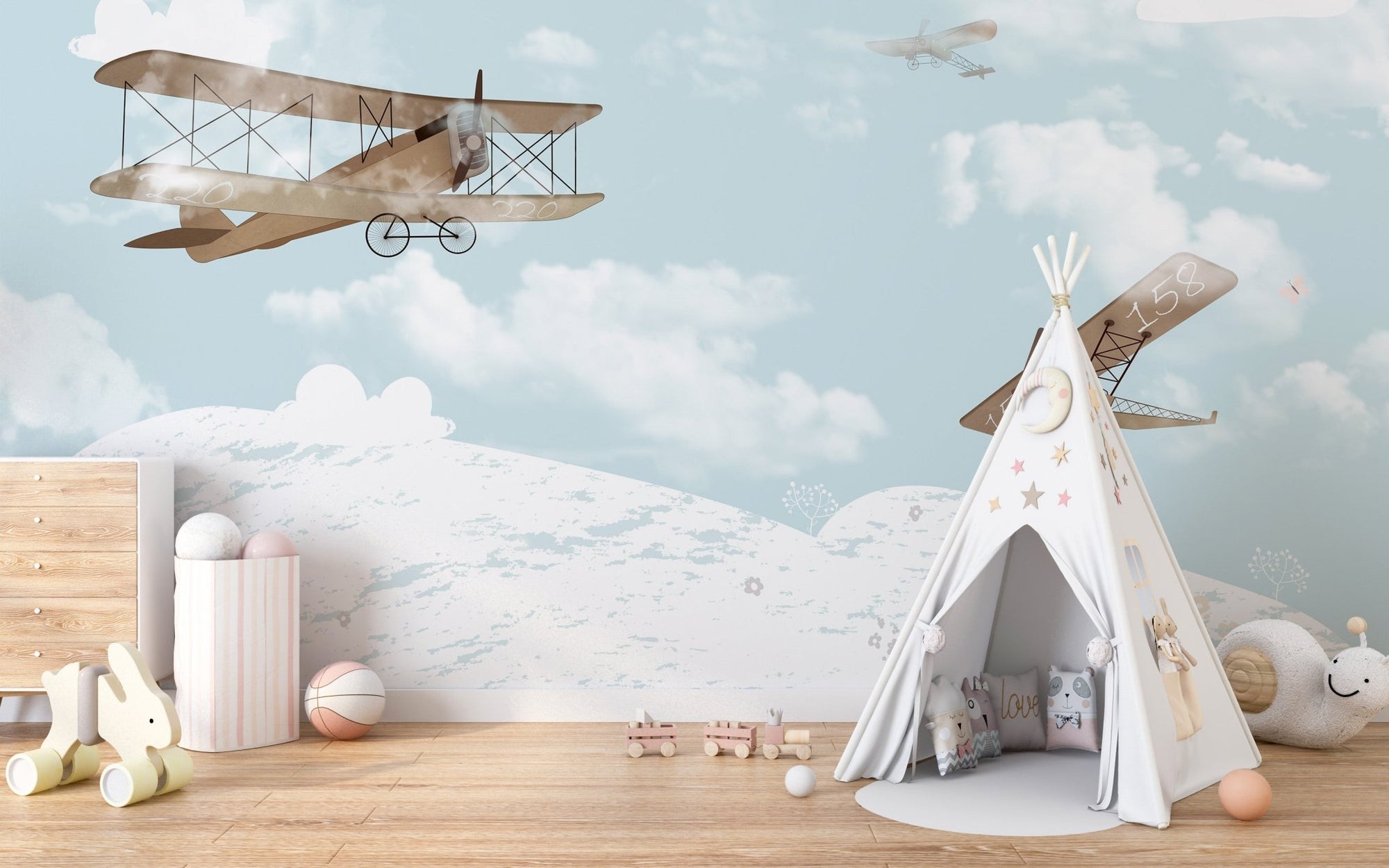 Kids' room wall mural featuring fun sky adventures design.
