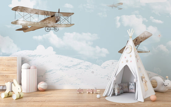 Kids' room wall mural featuring fun sky adventures design.
