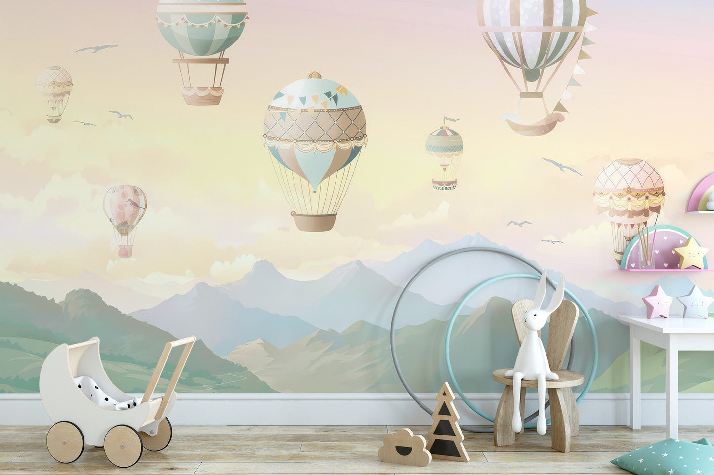 Scenic valley landscape wall mural featuring vintage balloons.