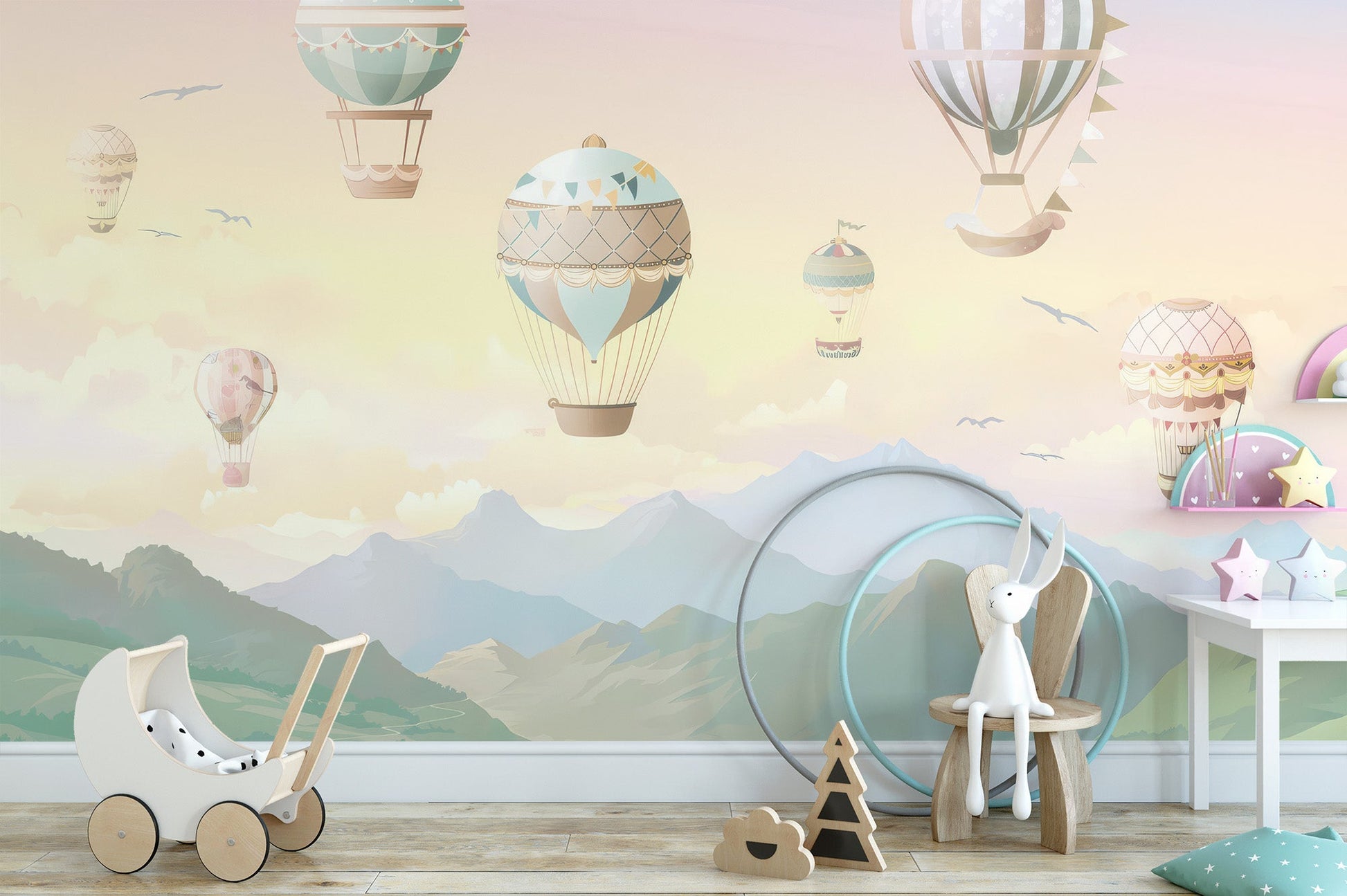 Scenic valley landscape wall mural featuring vintage balloons.