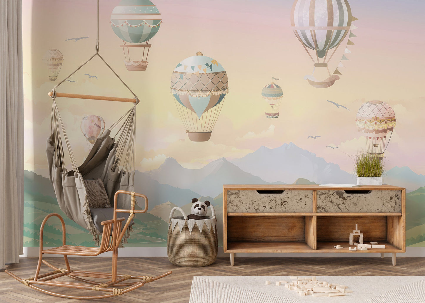 Airy pastel sky wallpaper featuring a hot air balloon fleet.