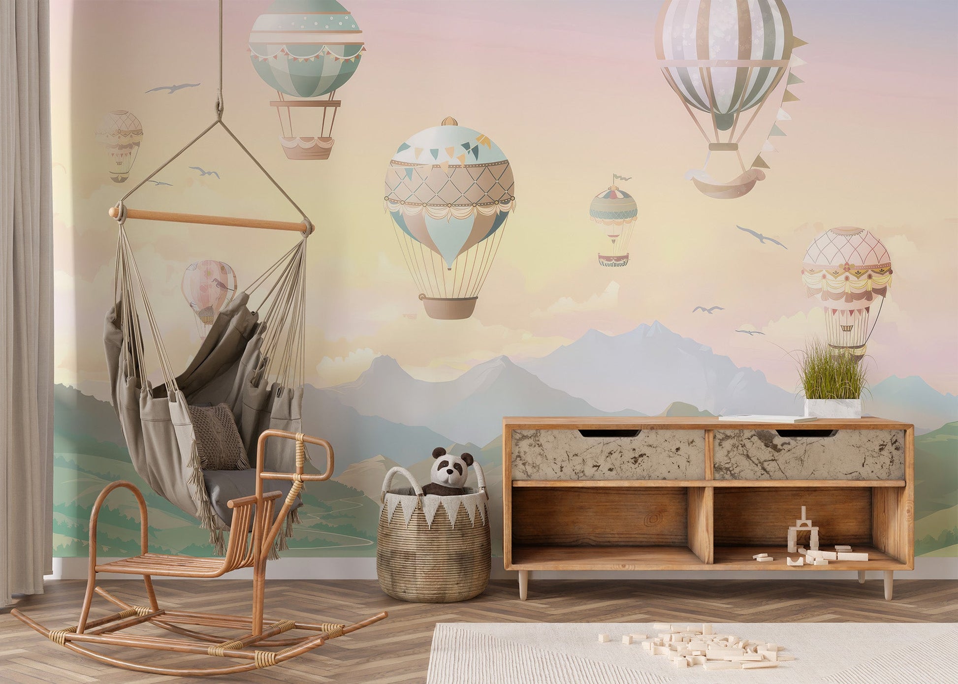 Airy pastel sky wallpaper featuring a hot air balloon fleet.