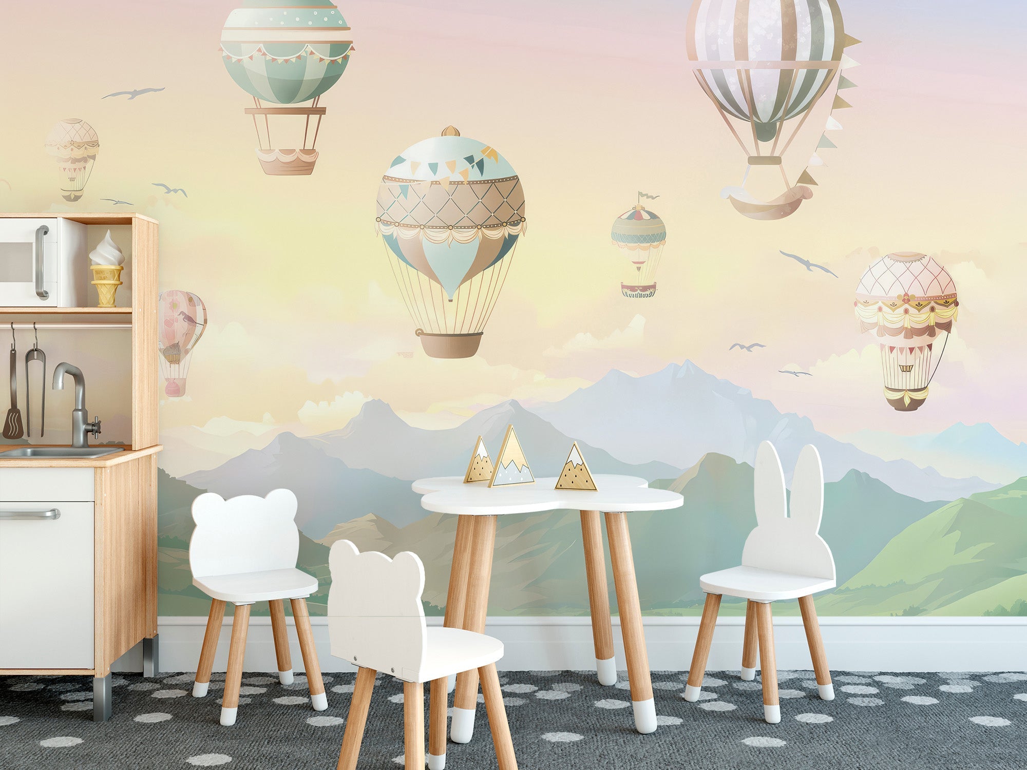 Pastel sky balloon adventure wall mural with winding river.