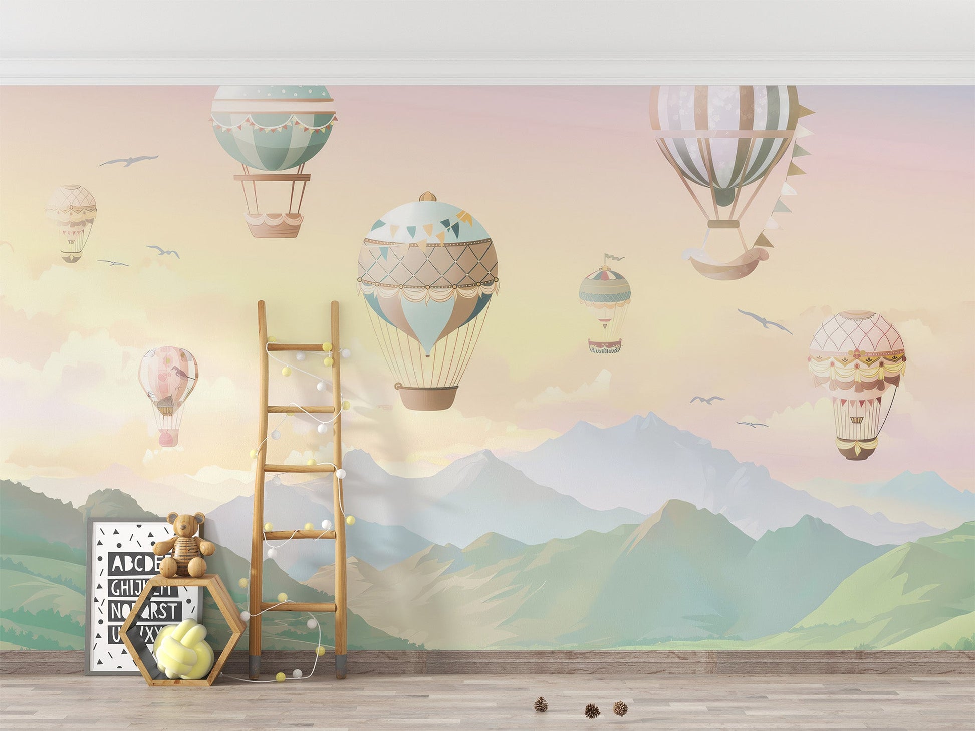 Subtle gold and mint striped balloon wallpaper design.