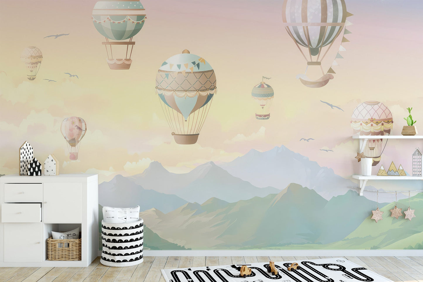 Whimsical sky scene wall mural in soft sunset tones.