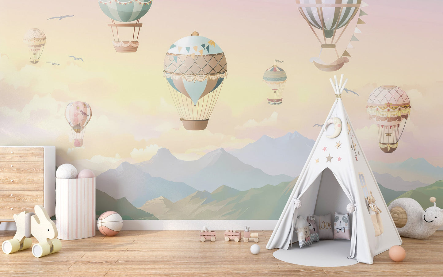 Detailed sky balloon adventure wallpaper for a feature wall.