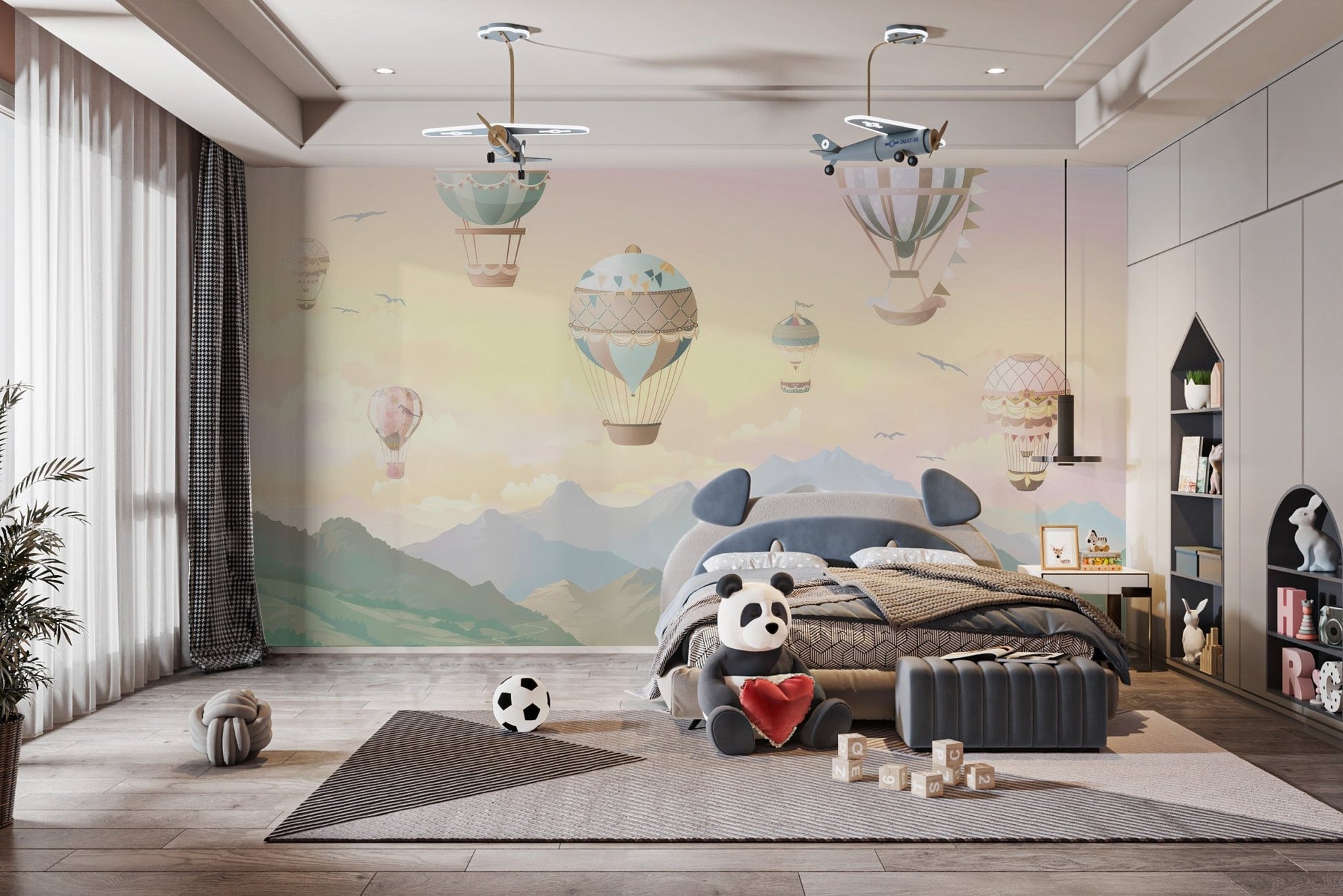 Soft watercolor sky balloon adventure wallpaper for interiors.