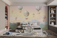 Nature inspired wall mural with soft lighting and balloons.