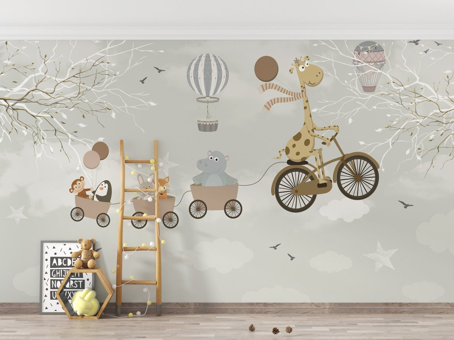 Nursery wallpaper mural with cycling giraffe and balloons.