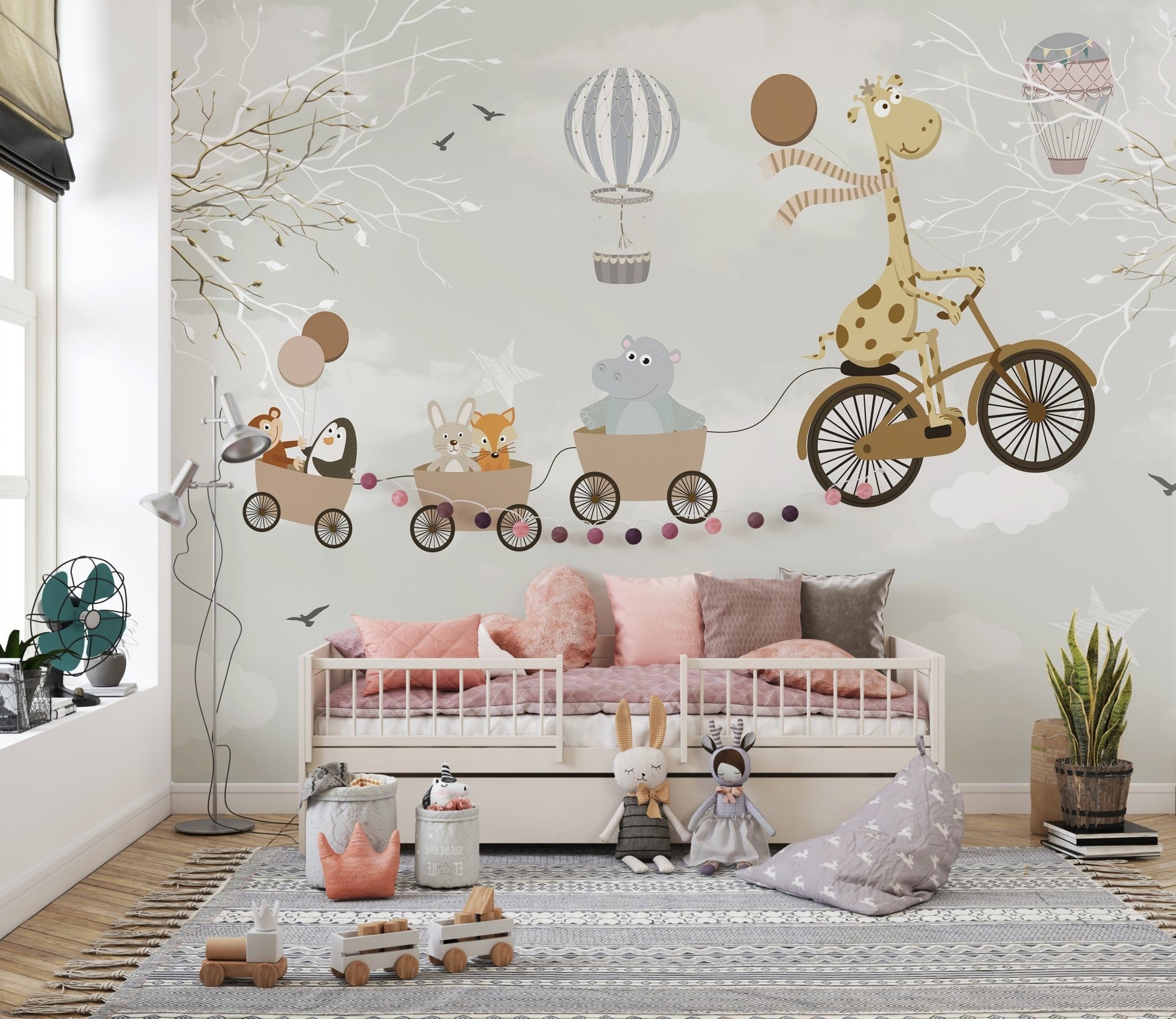 Sky High Cycling Adventures Wall Murals in a kids bedroom with a white daybed.