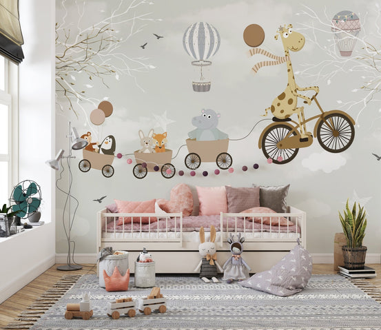 Sky High Cycling Adventures Wall Murals in a kids bedroom with a white daybed.
