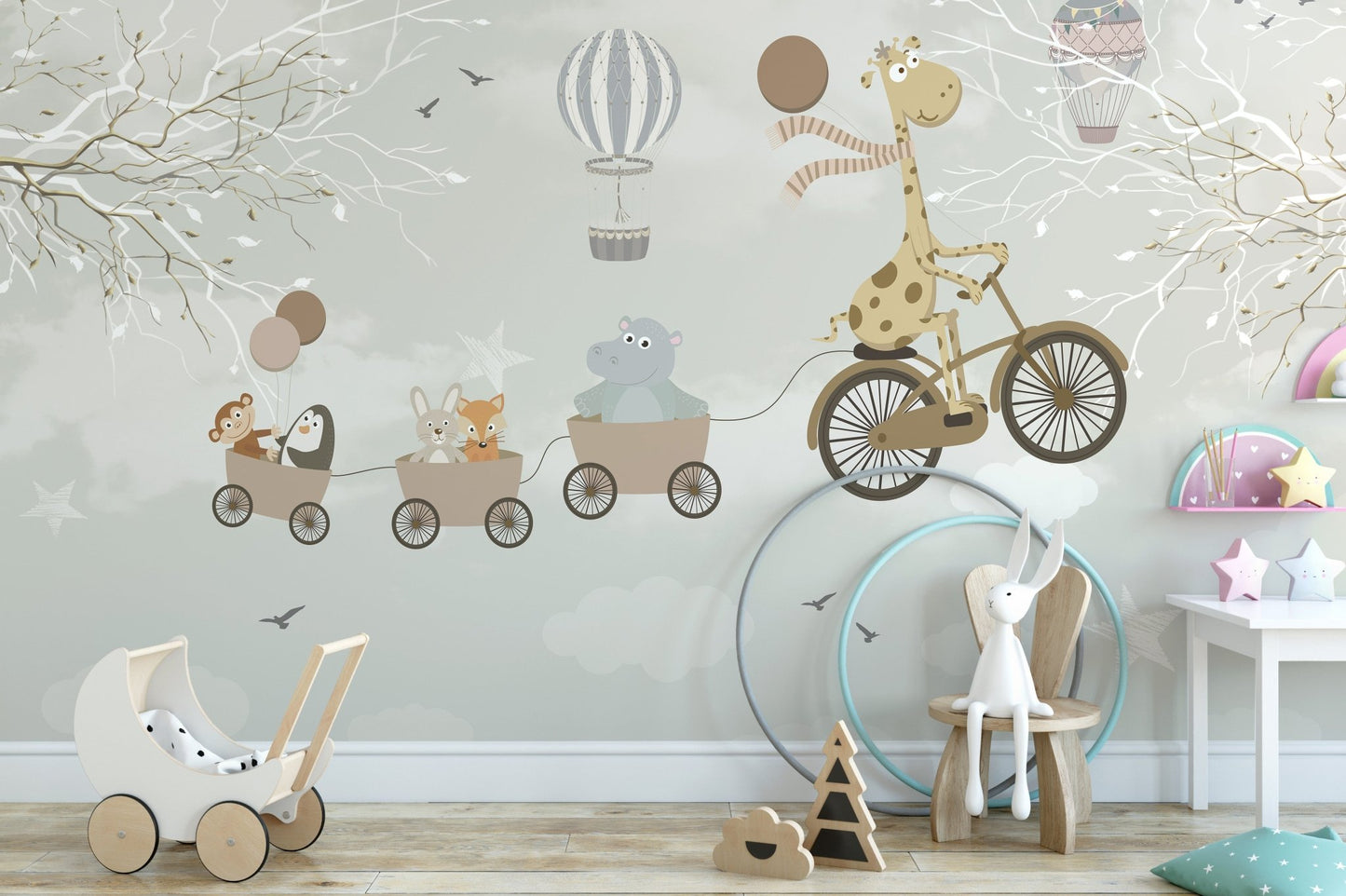 Calming neutral tones sky wall mural for a baby room with natural wood furniture.